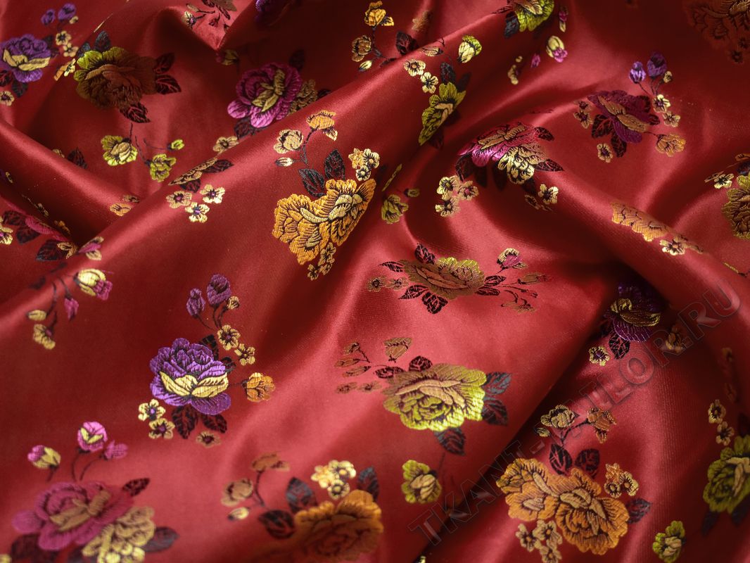 Китайский шелк бордовый цветочный принт - фото 5