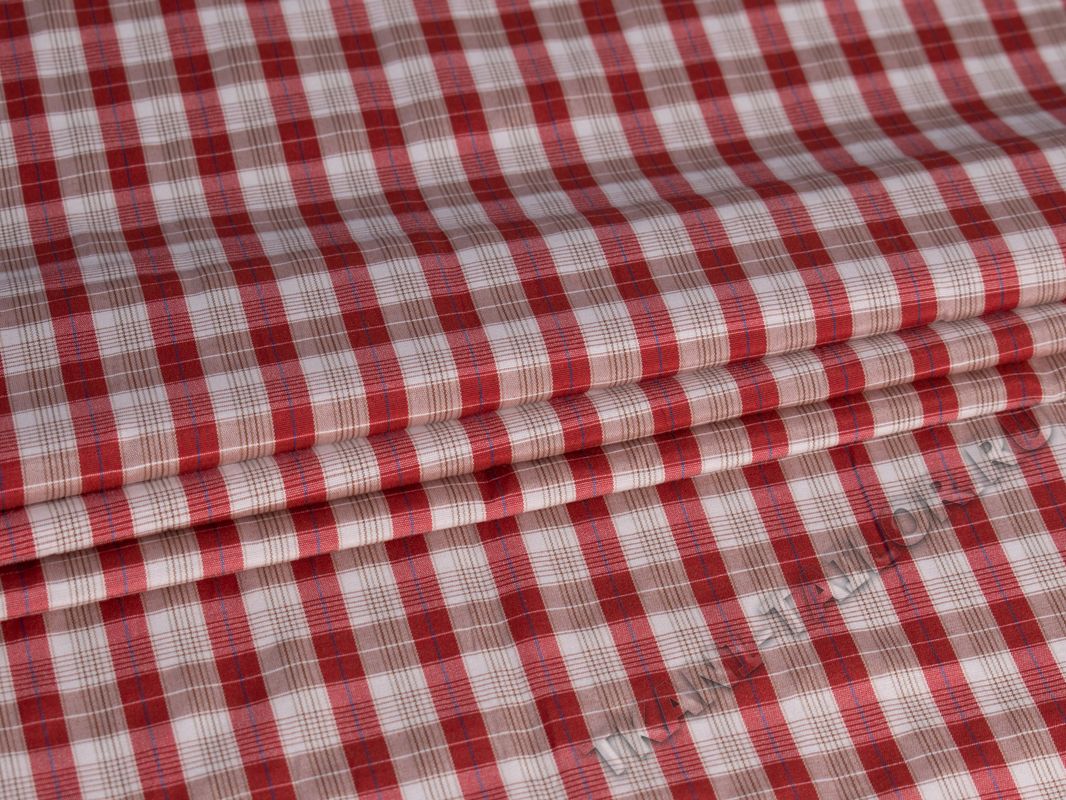 Рубашечная ткань красно-бежевая клетка тартан - фото 1