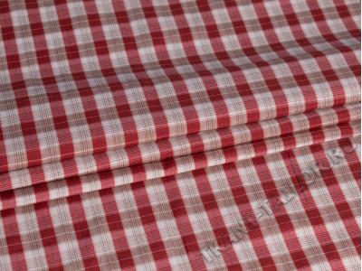 Рубашечная ткань красно-бежевая клетка тартан - фото