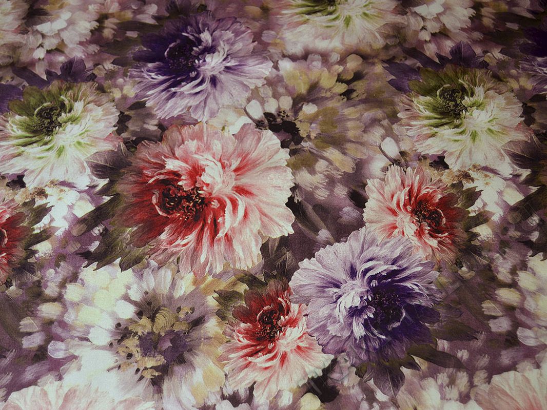 Атласная ткань разноцветный принт цветы - фото 1
