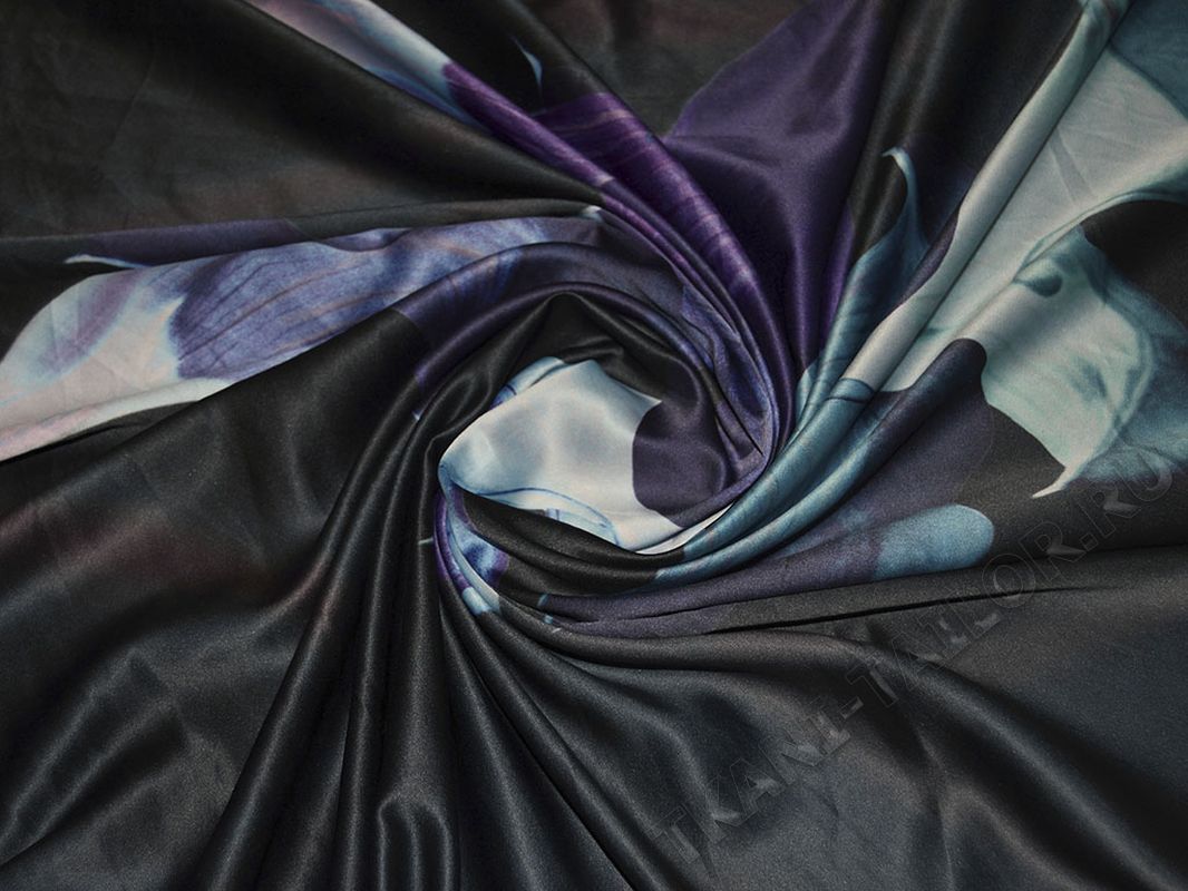 Атласная ткань черно-синий абстрактный прин - фото 3