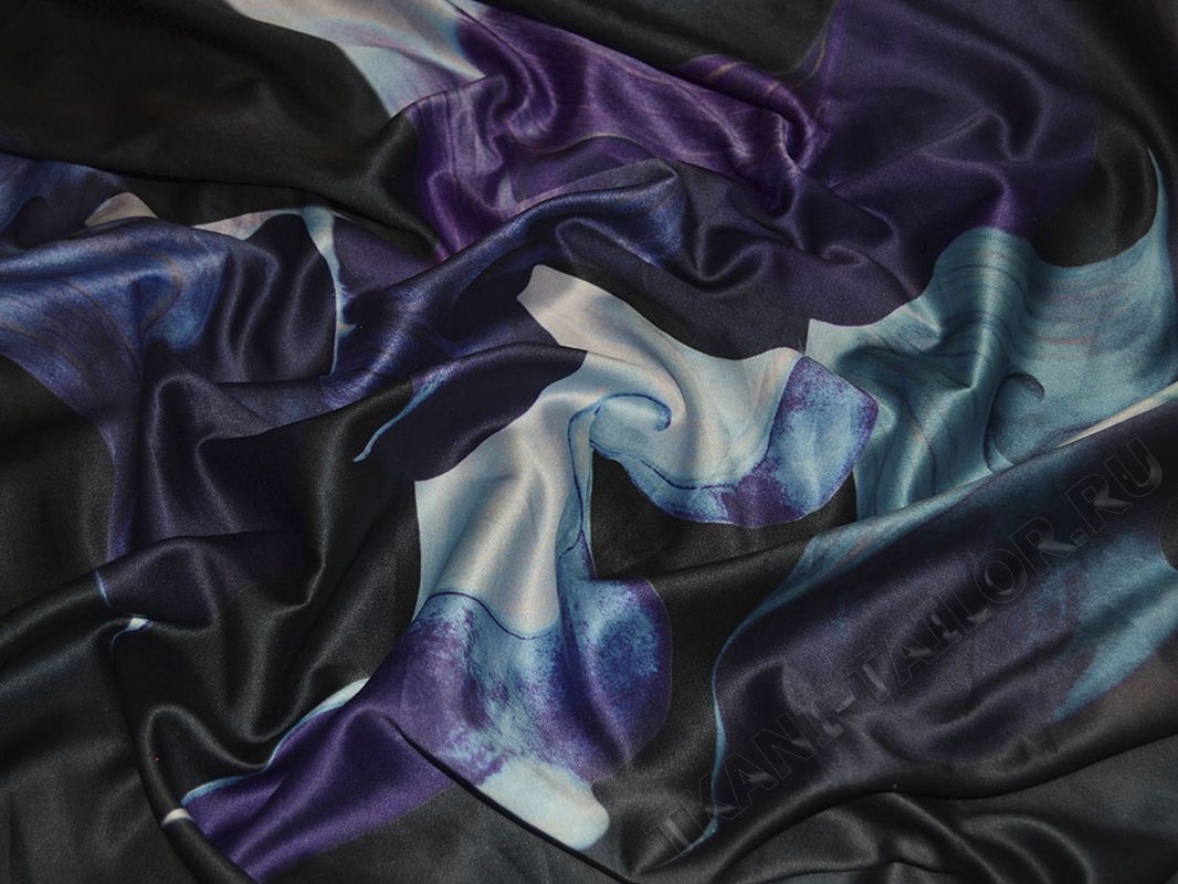 Атласная ткань черно-синий абстрактный прин - фото 4