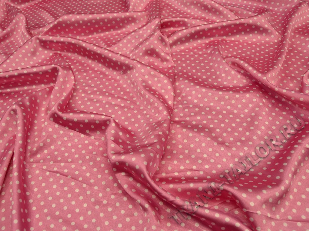 Атлас ткань розовая в горошек - фото 1