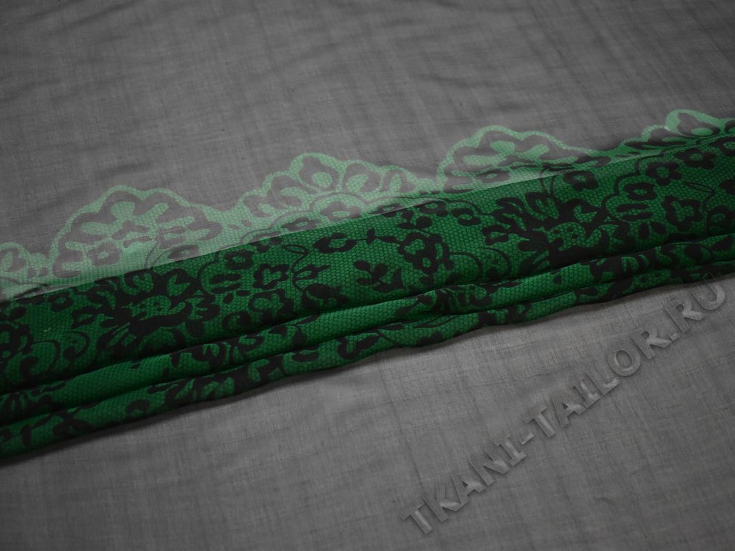 Шелк-шифон черно-зеленый цветочный принт - фото 2