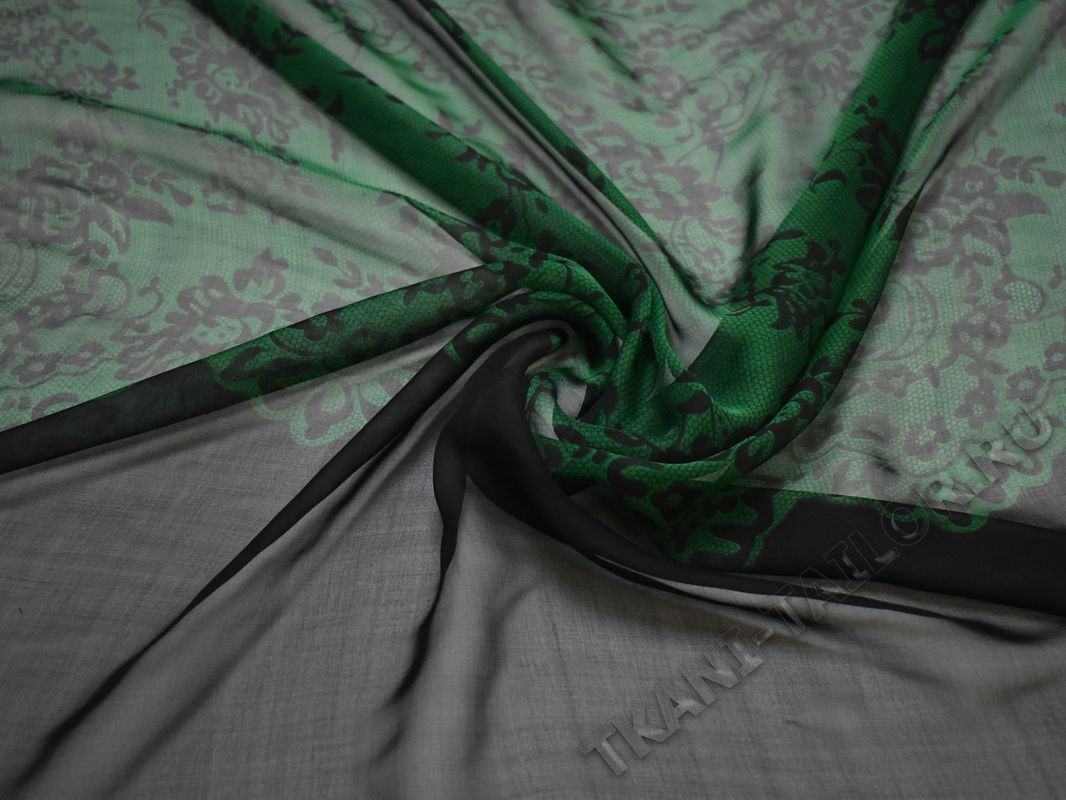 Шелк-шифон черно-зеленый цветочный принт - фото 3