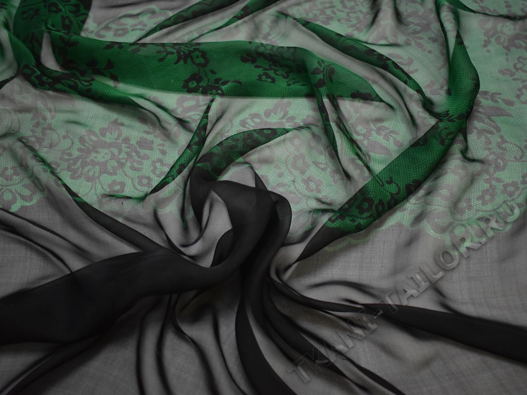 Шелк-шифон черно-зеленый цветочный принт - фото 4