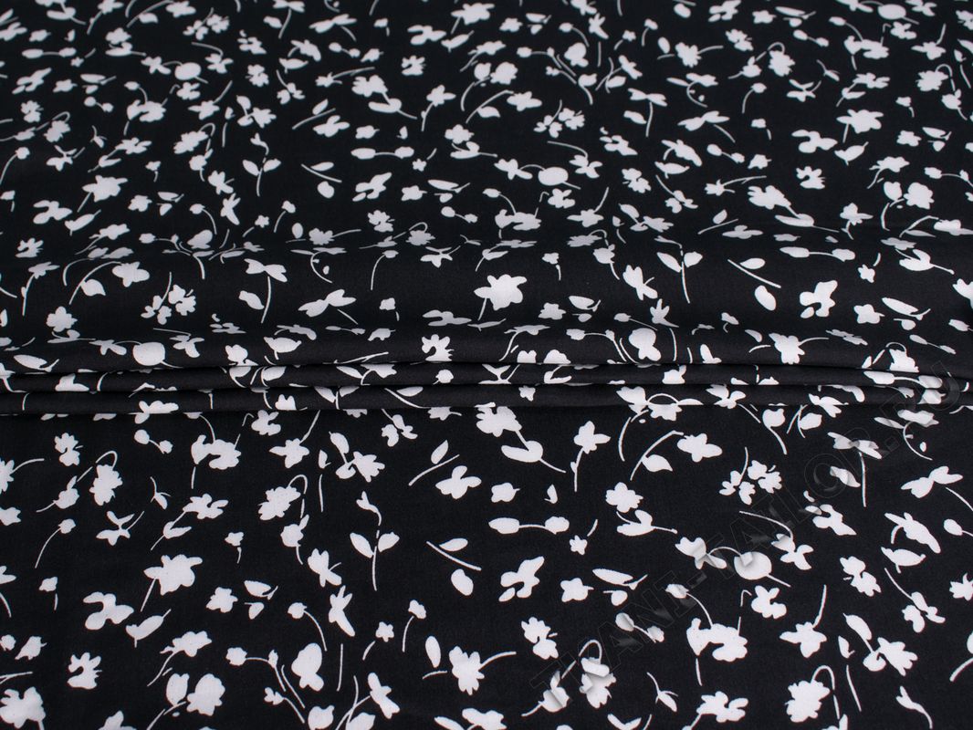 Штапель вискозный черно-белый цветочный принт - фото 1