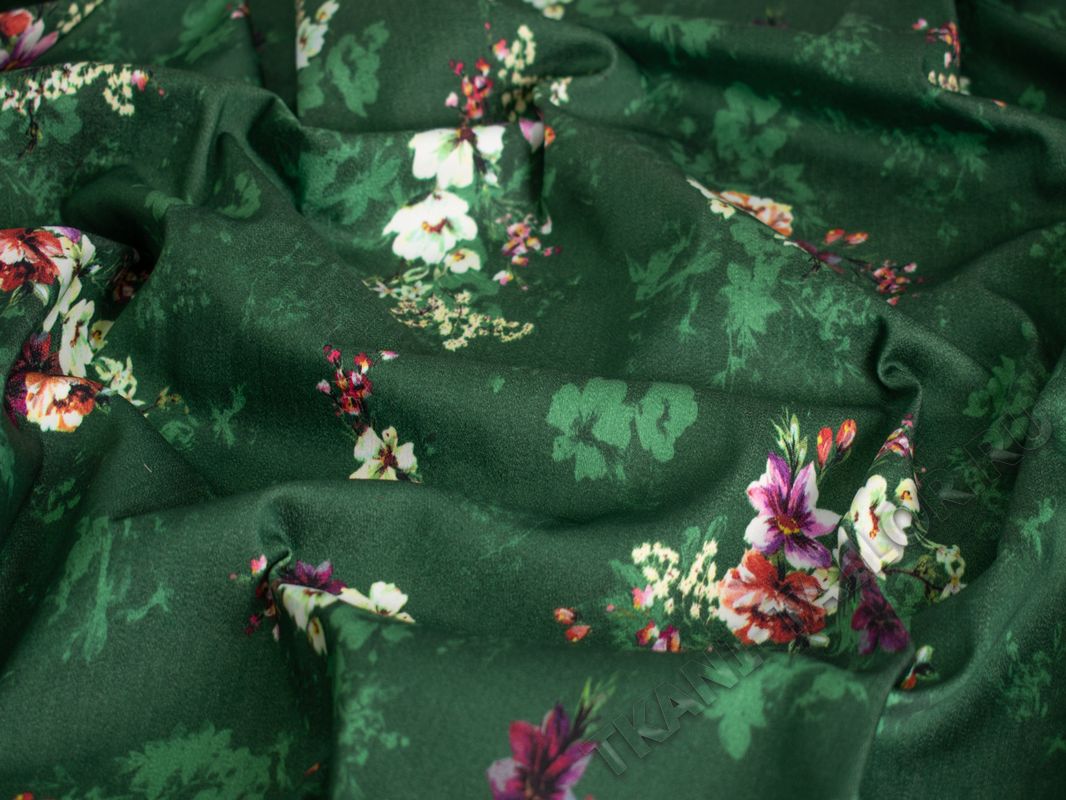 Плательная ткань зеленая принт цветы - фото 4