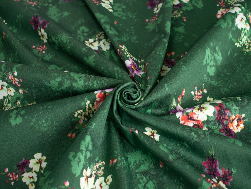 Плательная ткань зеленая принт цветы - фото 1