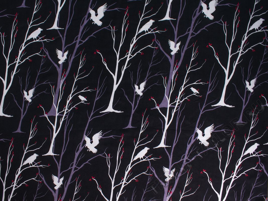 Штапель черный принт птицы на деревьях - фото 1