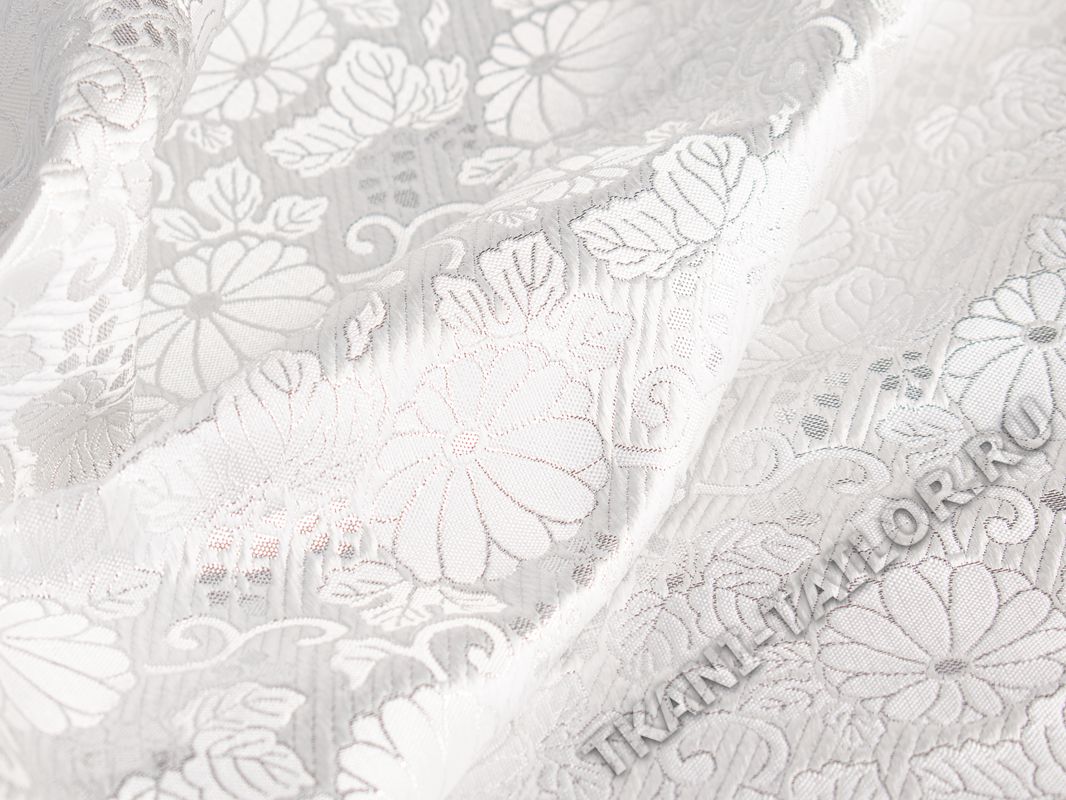 Парча  серебристо-белая с цветами - фото 3