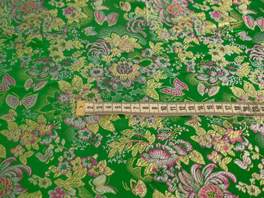 Китайский шелк зеленый принт цветы - фото 2