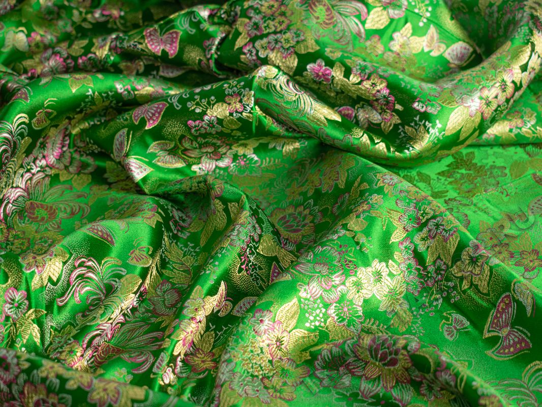 Китайский шелк зеленый принт цветы - фото 3