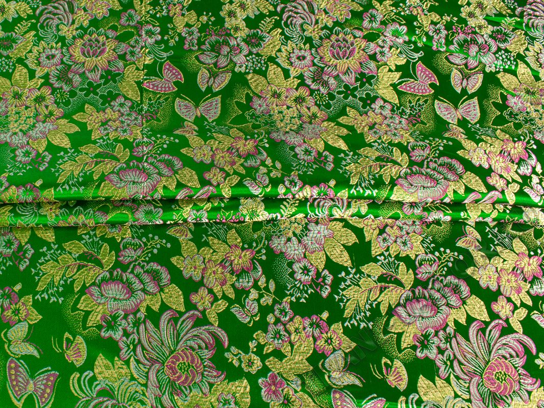 Китайский шелк зеленый принт цветы - фото 1