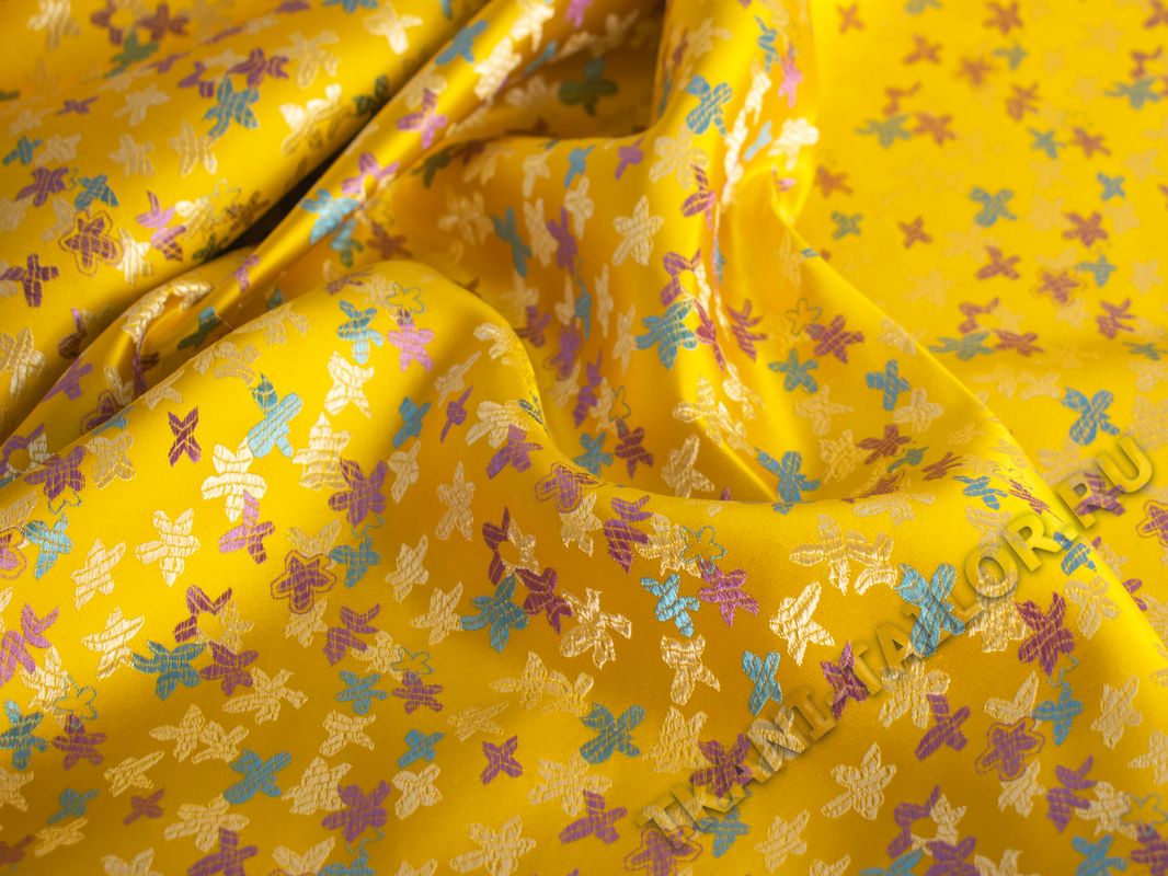 Китайский шелк темно-желтый с цветами - фото 4