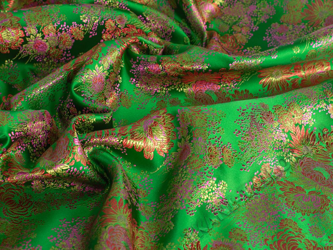 Китайский шелк зеленый с крупными цветами - фото 3