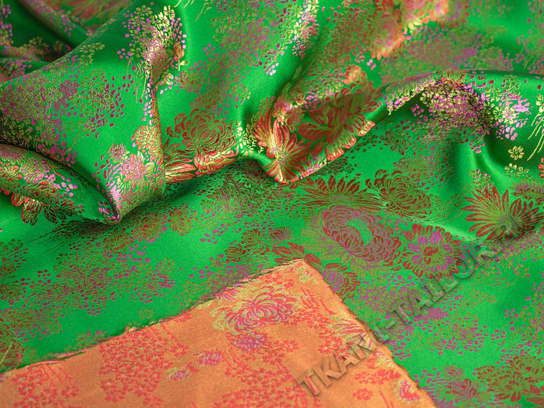 Китайский шелк зеленый с крупными цветами - фото 4