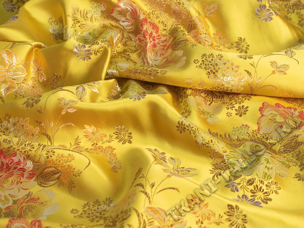 Китайский шелк желтый с цветочным принтом - фото 3