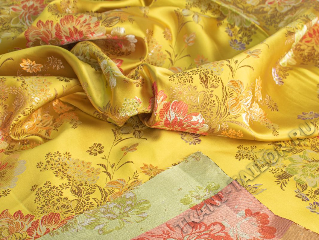 Китайский шелк желтый с цветочным принтом - фото 4