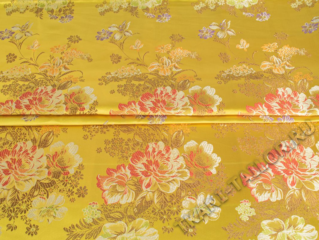 Китайский шелк желтый с цветочным принтом - фото 1