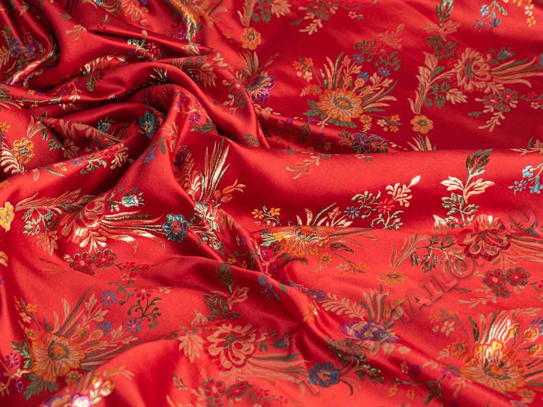 Китайский шелк красный с цветочным принтом - фото 3