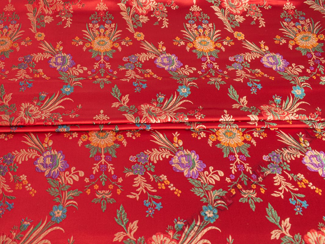 Китайский шелк красный с цветочным принтом - фото 1