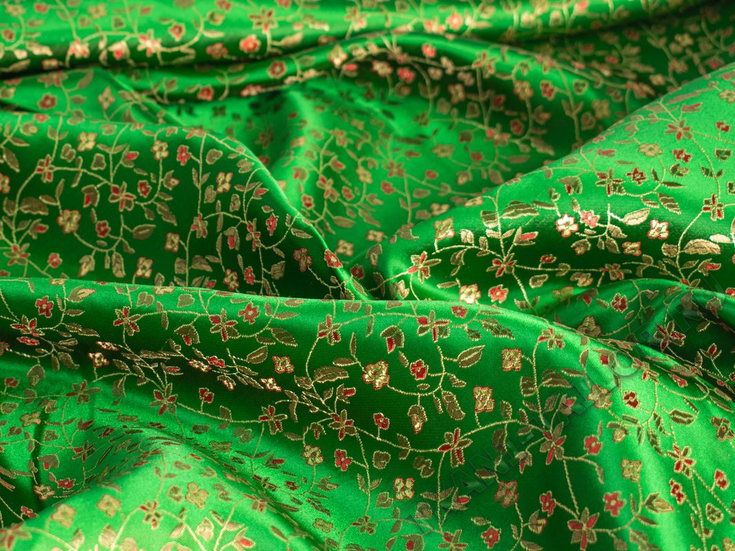 Китайский шелк зеленый с золотистыми цветами - фото 3