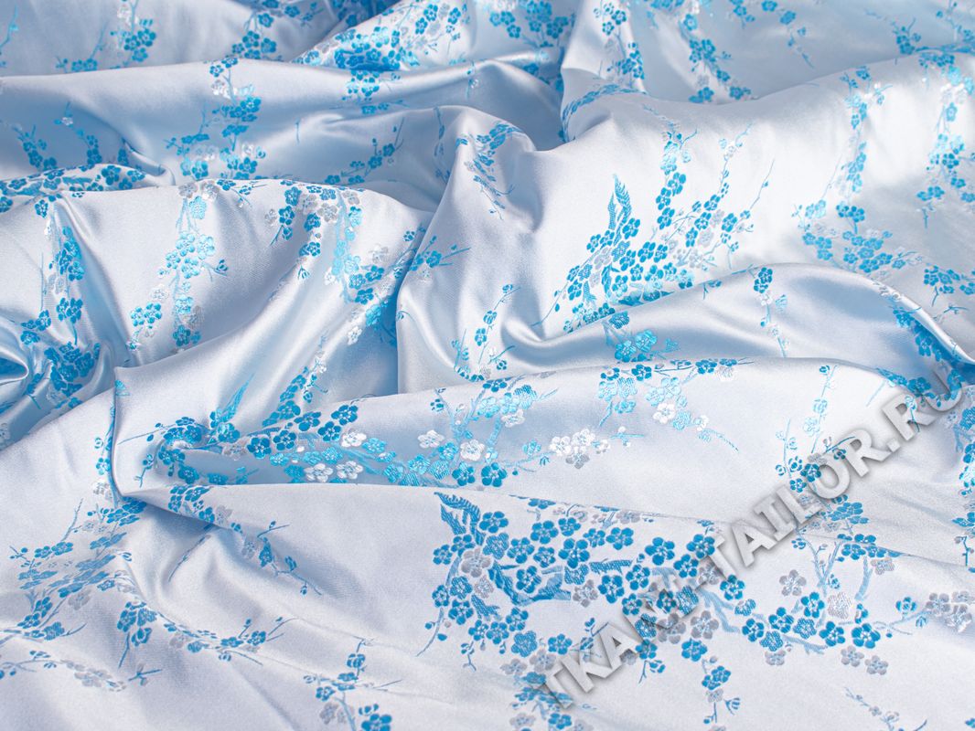 Китайский шелк белый с голубыми цветами - фото 3