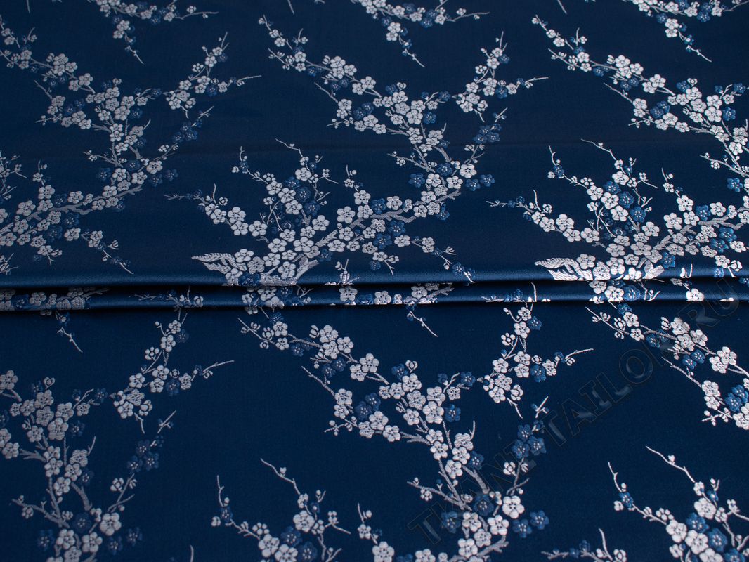 Китайский шелк темно-синий с серебристыми цветами - фото 1